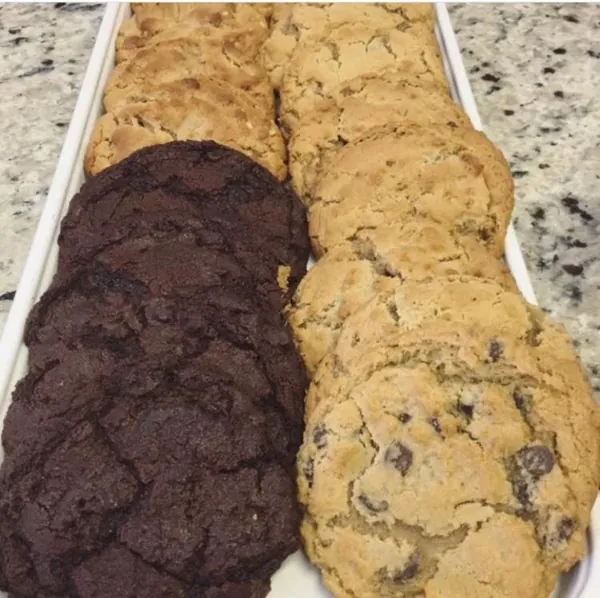 Rows of double chocolate and chocolate chip cookies