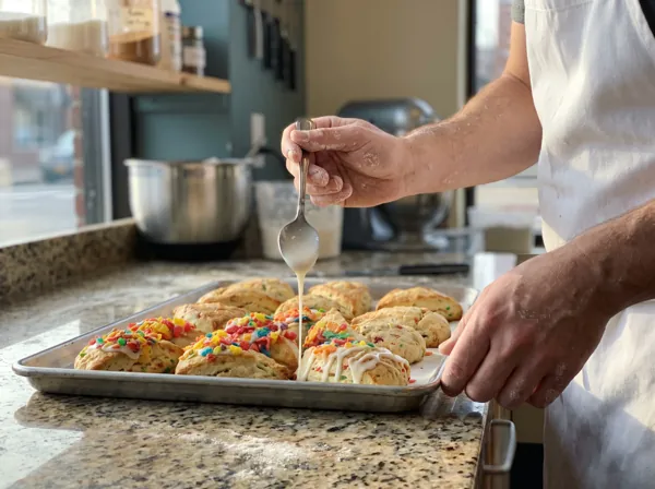 A baker's hands drizzling white glaze over a tray of scones