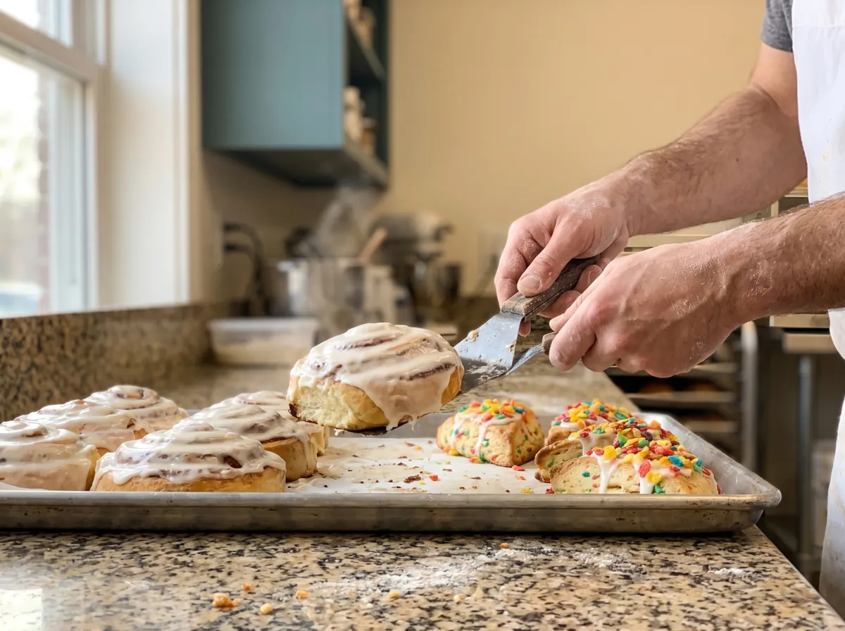 A baker lifting a fresh cinnamon roll from a tray