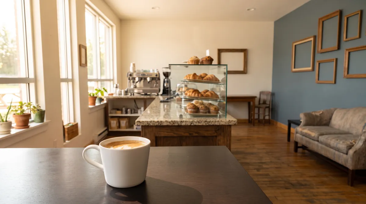 A latte on a cafe table with the coffee bar and pastry case behind