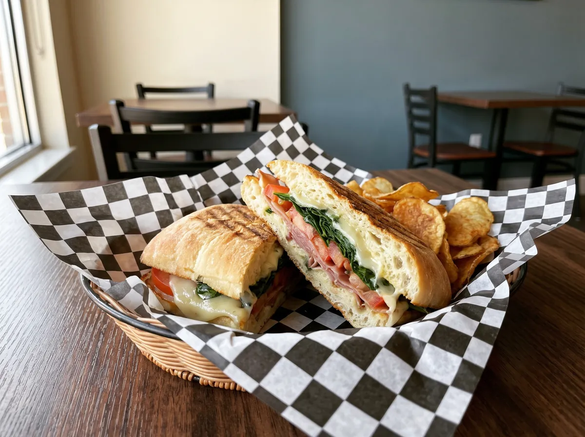 A pressed panini cut in half in a basket lined with checkered paper, with kettle chips