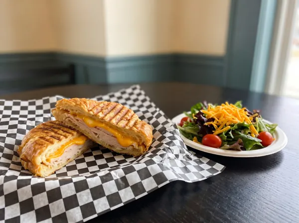 Turkey and cheddar panini with a side garden salad