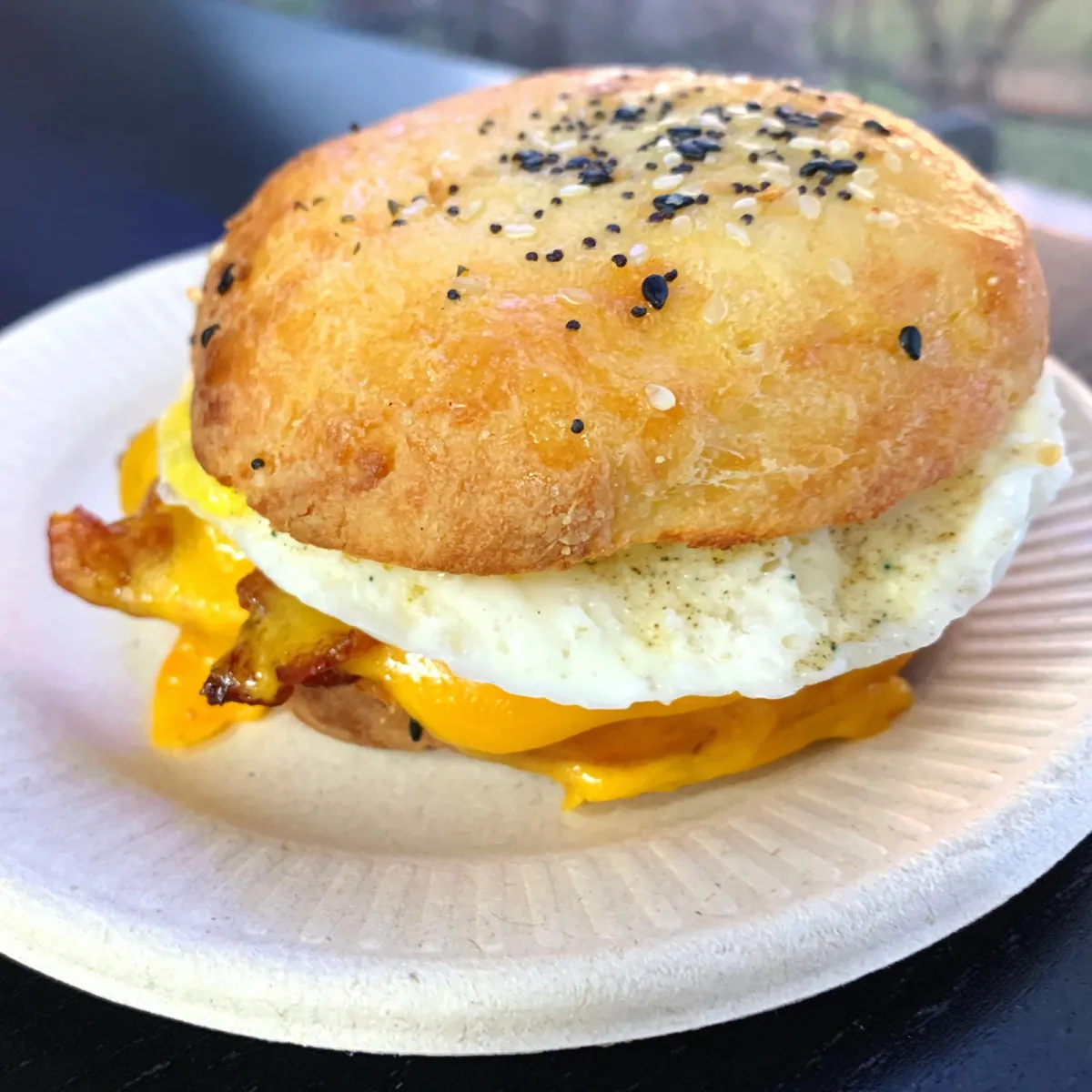 The Sconewich: a savory bacon cheddar chive scone split and filled with egg and melted cheddar, on a white plate