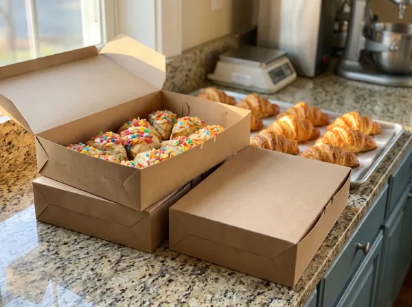 Kraft bakery boxes packed with glazed scones, ready for delivery